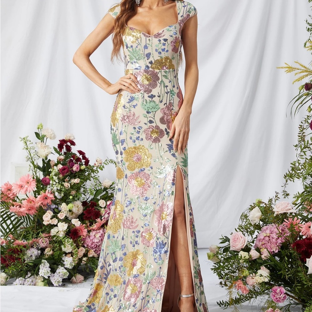 SOLD Blue and Yellow Flutter Sleeve Maxi Gown for Wedding Guests